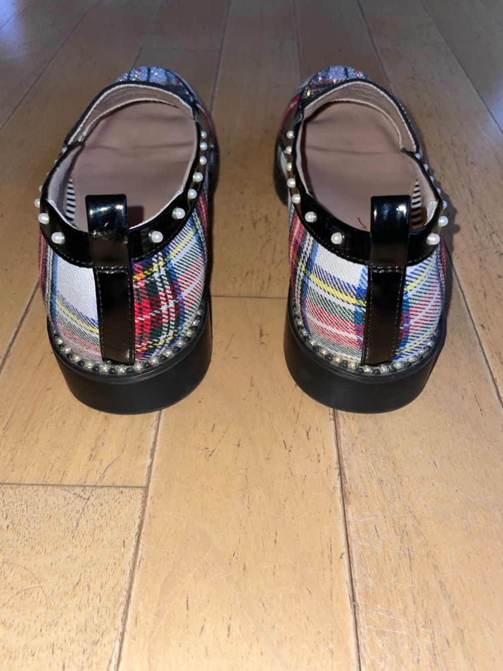 Betsey Johnson 7.5 Multicolor Plaid Bead &  Pearl Loafers Preppy Punk Bling CUTE - Picture 5 of 10